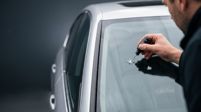 Applying Dawnmac GlassFix resin to a stone chip on a car windshield