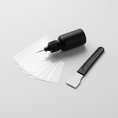 Dawnmac GlassFix windshield repair kit: resin applicator, curing films and razor blade