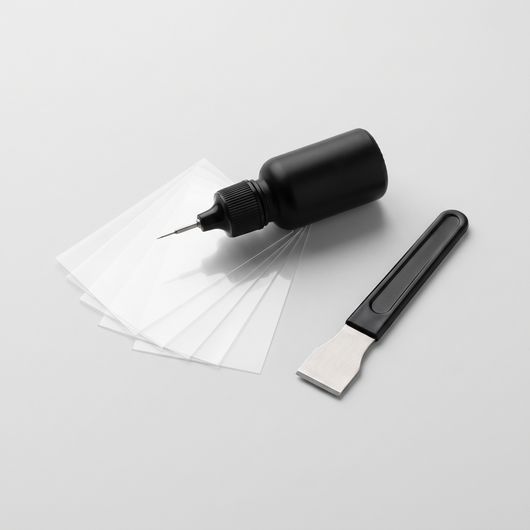 Dawnmac GlassFix windshield repair kit: resin applicator, curing films and razor blade